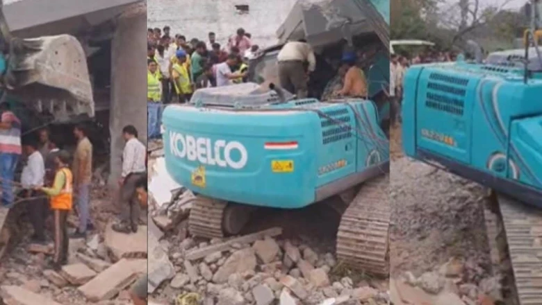 देवास में मकान तोड़ते समय हादसा, पोकलेन मशीन पर गिरी इमारत, दो घंटे केबिन में फंसा रहा चालक