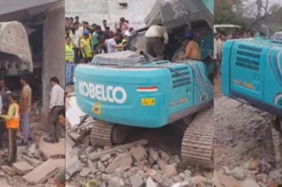 देवास में मकान तोड़ते समय हादसा, पोकलेन मशीन पर गिरी इमारत, दो घंटे केबिन में फंसा रहा चालक