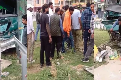 हिमाचल के भुंतर में अनियंत्रित होकर डिवाइडर से जा भिड़ी HRTC बस, आगे का हिस्सा चकनाचूर