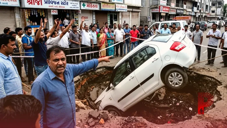 सूरत: डिंडोली में फिर धंसी सड़क, गड्ढे में समाई कार, स्थानीय लोगों में भारी आक्रोश