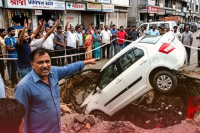 सूरत: डिंडोली में फिर धंसी सड़क, गड्ढे में समाई कार, स्थानीय लोगों में भारी आक्रोश
