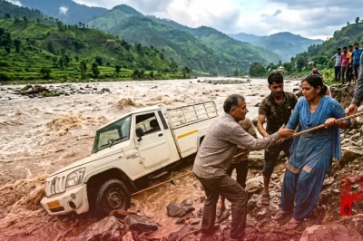 हिमाचल प्रदेश के ऊना में बड़ा हादसा टला, स्वां नदी के तेज बहाव में फंसी पिकअप से ग्रामीणों ने सुरक्षित निकाले तीन लोग