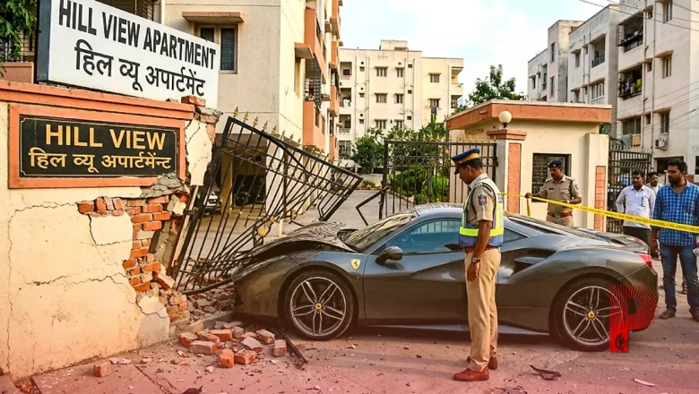 हैदराबाद के फिल्म नगर में बेकाबू फेरारी कार का तांडव, हिल व्यू अपार्टमेंट के मुख्य गेट और दीवार को मारी जोरदार टक्कर