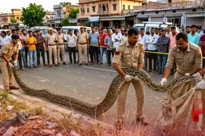 भीलवाड़ा में सड़क किनारे मिला विशाल अजगर, रेस्क्यू टीम ने किया सुरक्षित रेस्क्यू