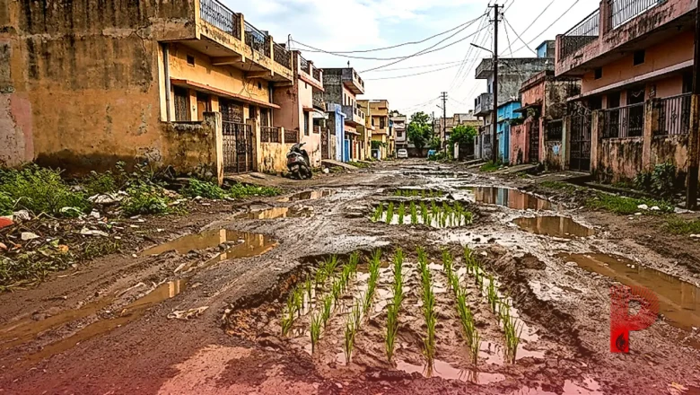 भोपाल में प्रशासन के खिलाफ अनोखा प्रदर्शन: सड़क के गड्ढों और कीचड़ में निवासियों ने शुरू की धान की रोपाई