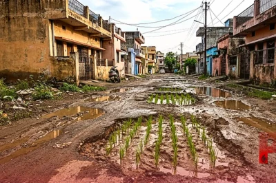 भोपाल में प्रशासन के खिलाफ अनोखा प्रदर्शन: सड़क के गड्ढों और कीचड़ में निवासियों ने शुरू की धान की रोपाई