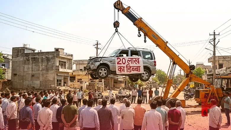 झुंझुनूं में रोंगटे खड़े करने वाला प्रदर्शन: 20 लाख का डिब्बा लिखकर क्रेन से लटकाई स्कॉर्पियो, एयरबैग न खुलने पर फूटा गुस्सा