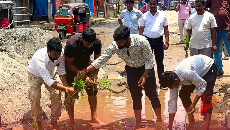 पलामू में अनोखा विरोध प्रदर्शन: सड़क के गड्ढों में युवाओं ने की धान की रोपाई