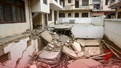 कानपुर की हार्मोनी विला सोसाइटी में धंसा बेसमेंट: मलबे में समाईं गाड़ियां, जान बचाकर भागे लोग